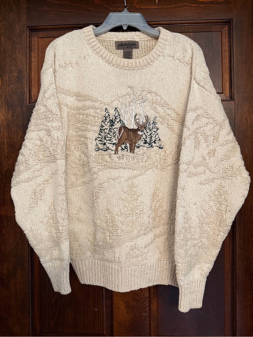 VTG Mens M Cream Texture Knit 90s USA Embroidered Cedar Falls Buck Deer  Sweater